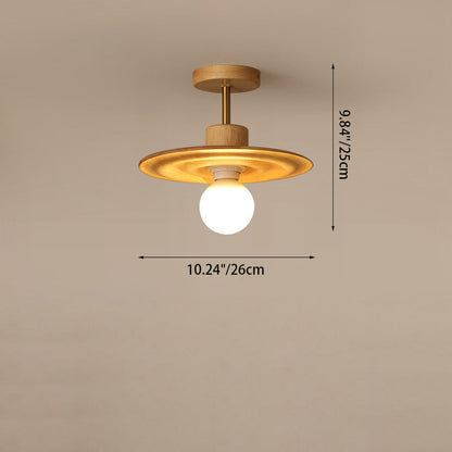 Traditional Japanese Solid Wood Ripple Umbrella Shade Glass 1-Light Semi-Flush Mount Ceiling Light For Hallway