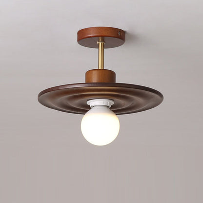 Traditional Japanese Solid Wood Ripple Umbrella Shade Glass 1-Light Semi-Flush Mount Ceiling Light For Hallway