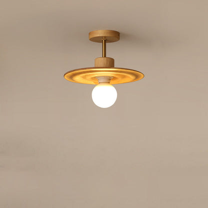 Traditional Japanese Solid Wood Ripple Umbrella Shade Glass 1-Light Semi-Flush Mount Ceiling Light For Hallway