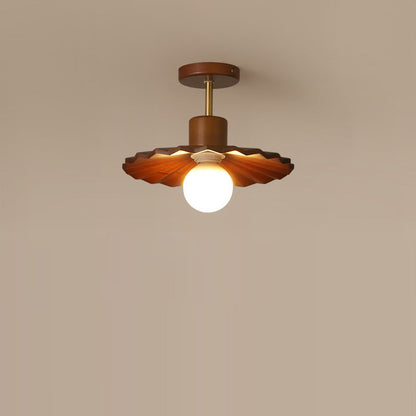 Traditional Japanese Solid Wood Ripple Umbrella Shade Glass 1-Light Semi-Flush Mount Ceiling Light For Hallway