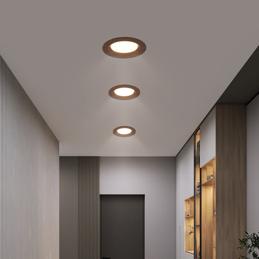 مصباح سقف دائري LED مدمج بتصميم عصري بسيط مصنوع من الألومنيوم وحبيبات خشب الجوز والأكريليك لغرفة النوم