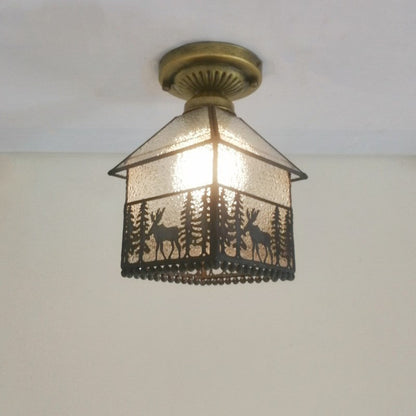 Traditional Tiffany Water Rippled Stained Glass Hardware Square 1-Light Semi-Flush Mount Ceiling Light For Hallway