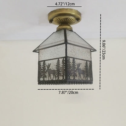 Traditional Tiffany Water Rippled Stained Glass Hardware Square 1-Light Semi-Flush Mount Ceiling Light For Hallway