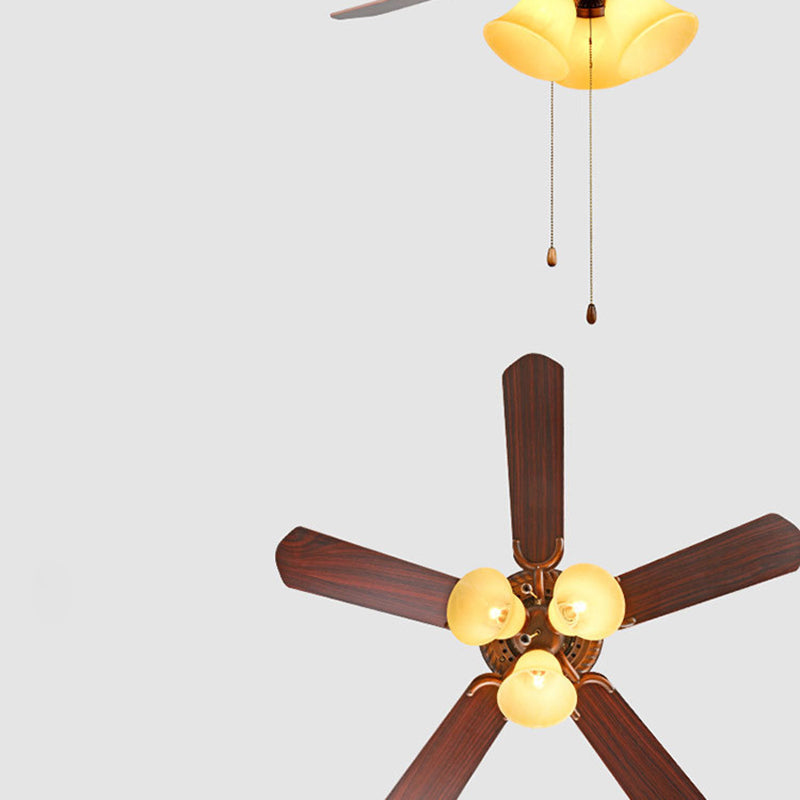 Traditional Tiffany Flower Stained Glass Shade Wood Fan 3-Light Downrods Ceiling Fan Light For Living Room