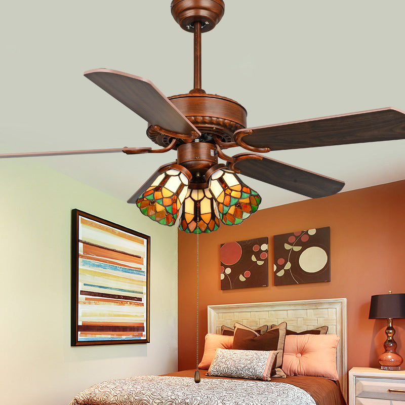 Traditional Tiffany Flower Stained Glass Shade Wood Fan 3-Light Downrods Ceiling Fan Light For Living Room