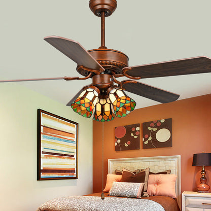 Traditional Tiffany Flower Stained Glass Shade Wood Fan 3-Light Downrods Ceiling Fan Light For Living Room