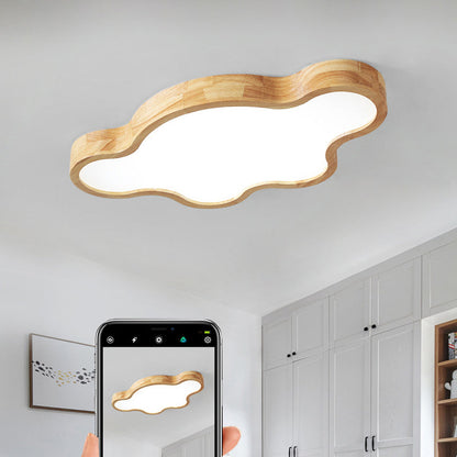 Traditional Japanese Solid Wood Acrylic Cloud Shade LED Flush Mount Ceiling Light For Living Room