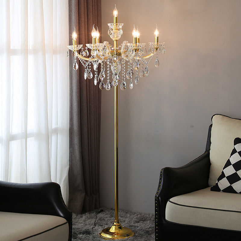 Traditional European Pleated Fabric Shade Hardware Crystal Candelabra 7-Light Standing Floor Lamp For Home Office