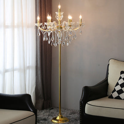Traditional European Pleated Fabric Shade Hardware Crystal Candelabra 7-Light Standing Floor Lamp For Home Office
