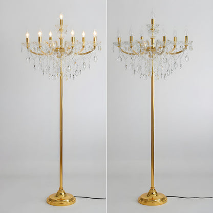 Traditional European Pleated Fabric Shade Hardware Crystal Candelabra 7-Light Standing Floor Lamp For Home Office