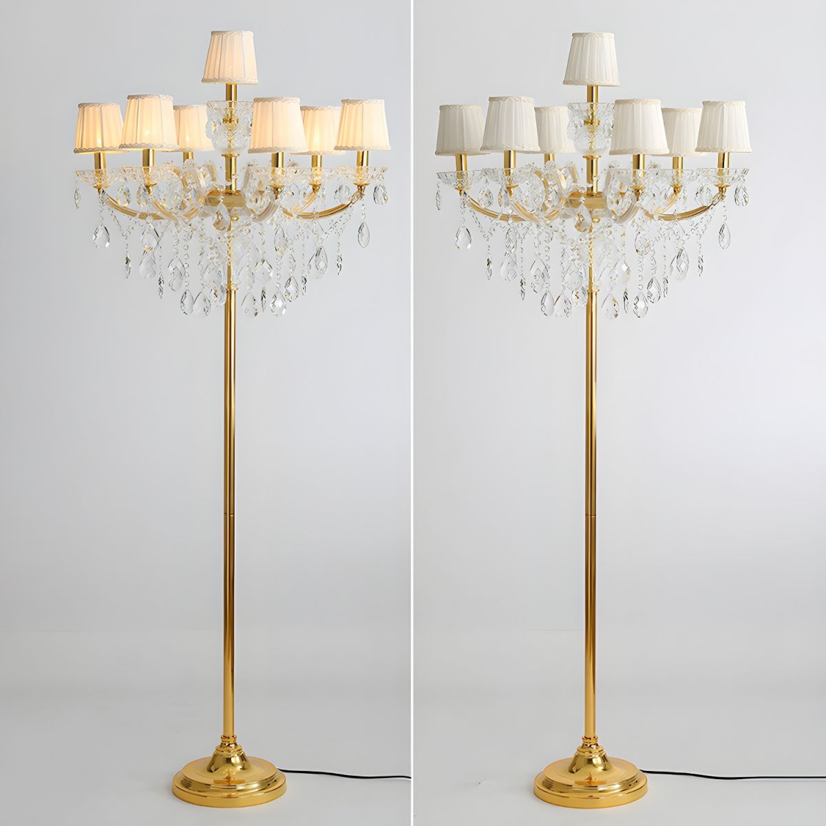 Traditional European Pleated Fabric Shade Hardware Crystal Candelabra 7-Light Standing Floor Lamp For Home Office