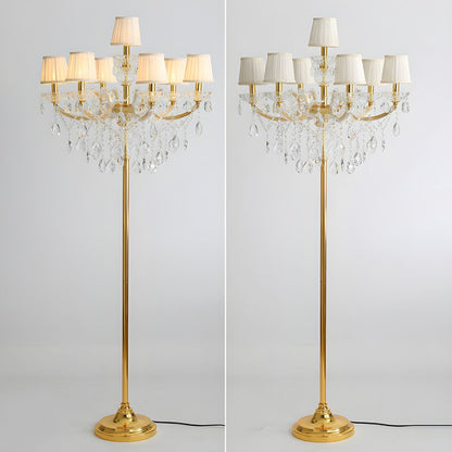 Traditional European Pleated Fabric Shade Hardware Crystal Candelabra 7-Light Standing Floor Lamp For Home Office