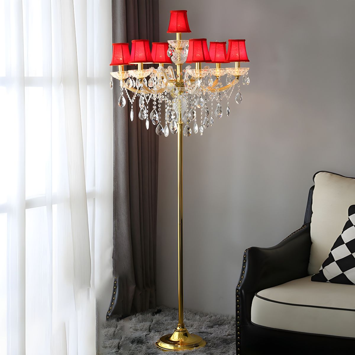 Traditional European Pleated Fabric Shade Hardware Crystal Candelabra 7-Light Standing Floor Lamp For Home Office