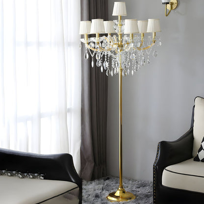 Traditional European Pleated Fabric Shade Hardware Crystal Candelabra 7-Light Standing Floor Lamp For Home Office