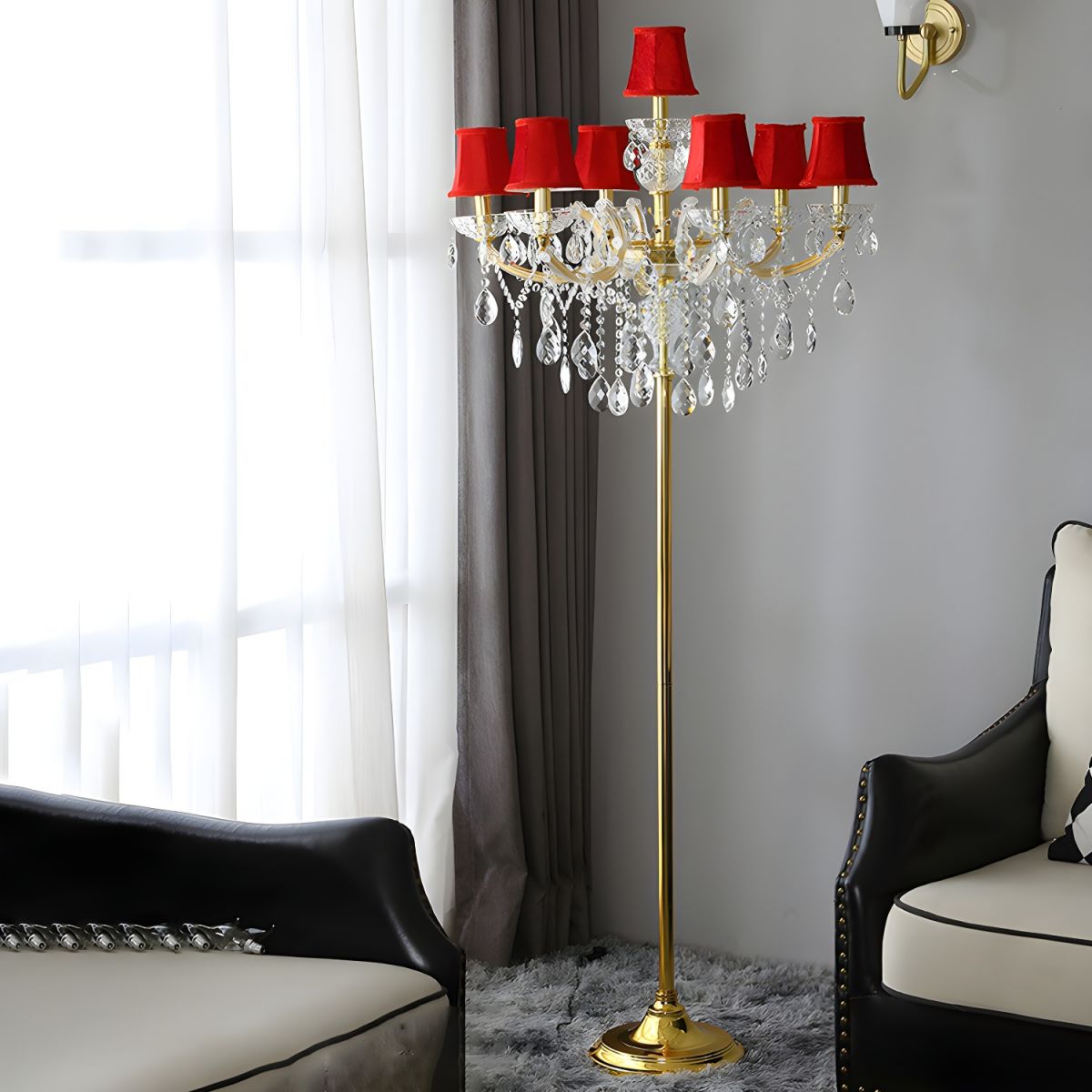 Traditional European Pleated Fabric Shade Hardware Crystal Candelabra 7-Light Standing Floor Lamp For Home Office