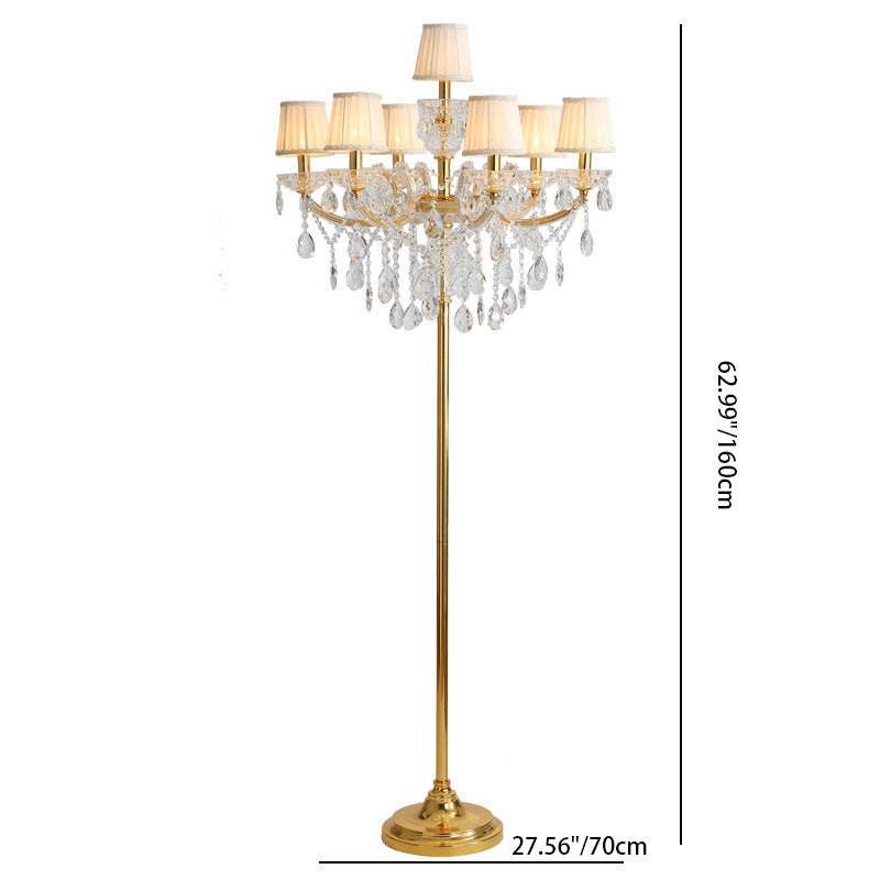 Traditional European Pleated Fabric Shade Hardware Crystal Candelabra 7-Light Standing Floor Lamp For Home Office