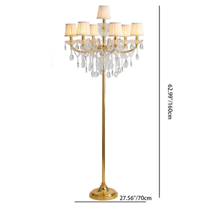 Traditional European Pleated Fabric Shade Hardware Crystal Candelabra 7-Light Standing Floor Lamp For Home Office