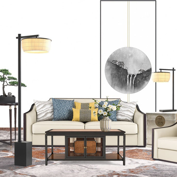Traditional Vintage Round Fabric Shade Iron 3-Light Standing Floor Lamp For Home Office