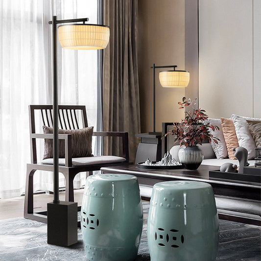 Traditional Vintage Round Fabric Shade Iron 3-Light Standing Floor Lamp For Home Office