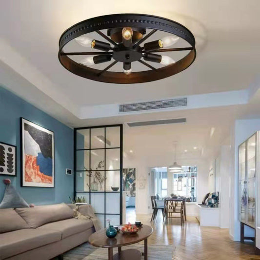 Contemporary Industrial Antique Iron Wheel Shade 6-Light Flush Mount Ceiling Light For Dining Room