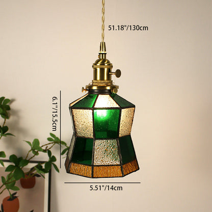 Traditional Vintage Pastoral Rhombus Water Ripple Glass Shade Solid Wood 1-Light Pendant Light For Living Room