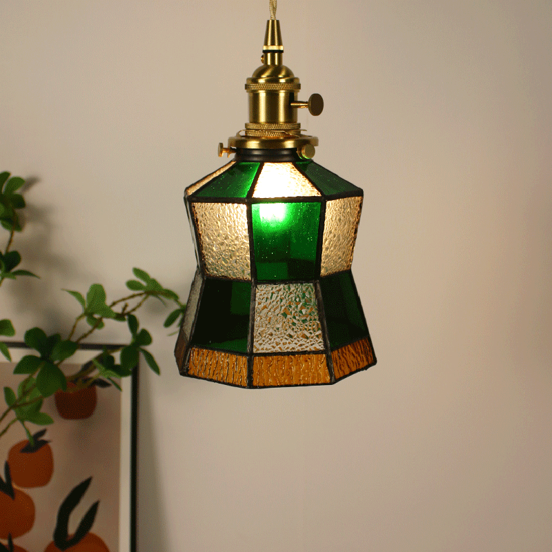 Traditional Vintage Pastoral Rhombus Water Ripple Glass Shade Solid Wood 1-Light Pendant Light For Living Room