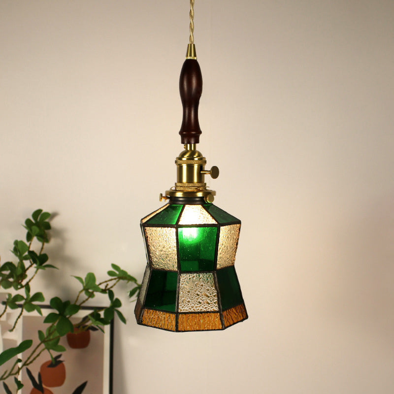 Traditional Vintage Pastoral Rhombus Water Ripple Glass Shade Solid Wood 1-Light Pendant Light For Living Room