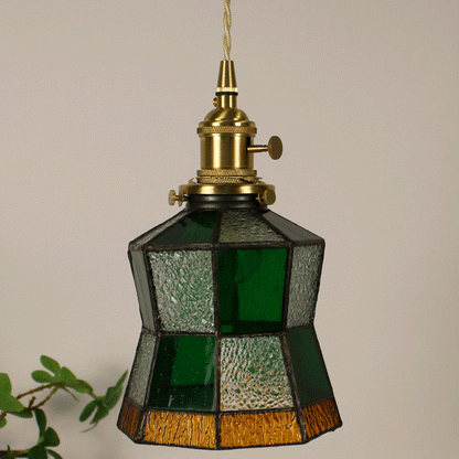 Traditional Vintage Pastoral Rhombus Water Ripple Glass Shade Solid Wood 1-Light Pendant Light For Living Room