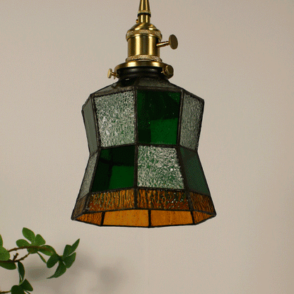Traditional Vintage Pastoral Rhombus Water Ripple Glass Shade Solid Wood 1-Light Pendant Light For Living Room