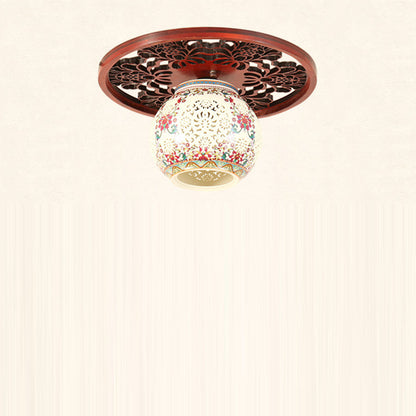 Traditional Chinese Solid Wood Engraving Flower Pattern Ceramic Ball 1-Light Semi-Flush Mount Ceiling Light For Hallway