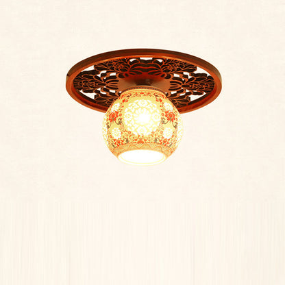 Traditional Chinese Solid Wood Engraving Flower Pattern Ceramic Ball 1-Light Semi-Flush Mount Ceiling Light For Hallway
