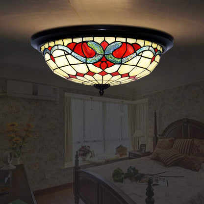 Traditional Tiffany Baroque Stained Glass Hardware Dome 3-Light Flush Mount Ceiling Light For Living Room