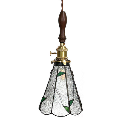 Traditional Vintage Pastoral Conical Water Ripple Glass Shade Solid Wood 1-Light Pendant Light For Living Room