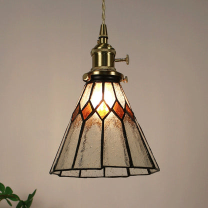 Traditional Vintage Pastoral Conical Water Ripple Glass Shade Solid Wood 1-Light Pendant Light For Living Room