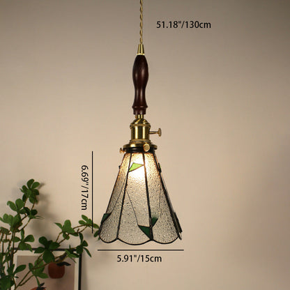 Traditional Vintage Pastoral Conical Water Ripple Glass Shade Solid Wood 1-Light Pendant Light For Living Room