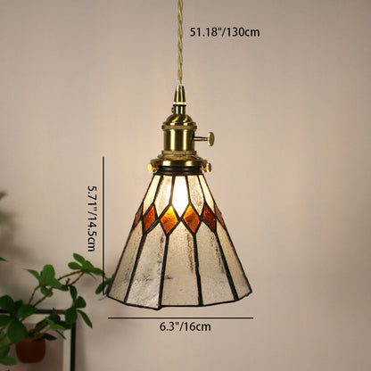 Traditional Vintage Pastoral Conical Water Ripple Glass Shade Solid Wood 1-Light Pendant Light For Living Room