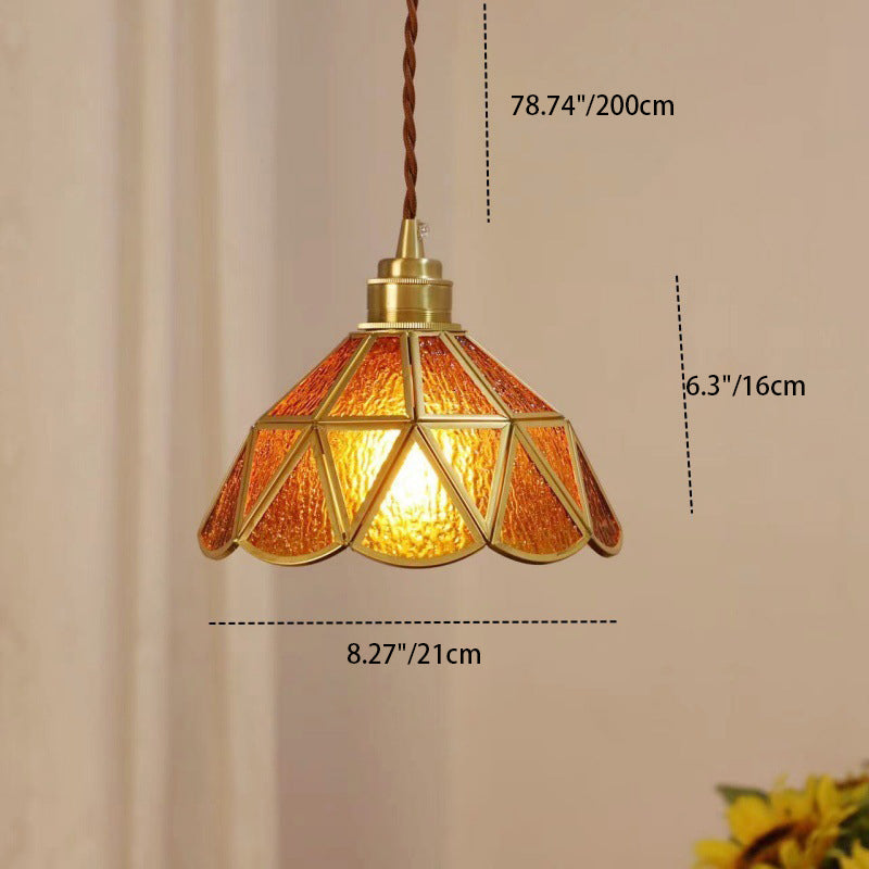 Traditional Vintage Geometric Cone Water Pattern Glass Brass 1-Light Pendant Light For Bedroom