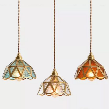 Traditional Vintage Geometric Cone Water Pattern Glass Brass 1-Light Pendant Light For Bedroom