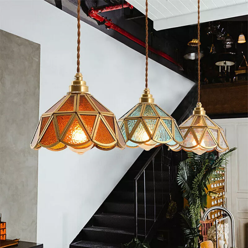 Traditional Vintage Geometric Cone Water Pattern Glass Brass 1-Light Pendant Light For Bedroom