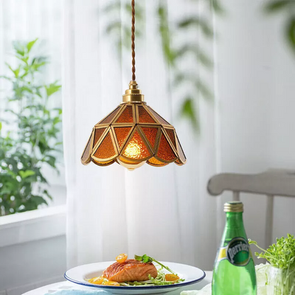 Traditional Vintage Geometric Cone Water Pattern Glass Brass 1-Light Pendant Light For Bedroom