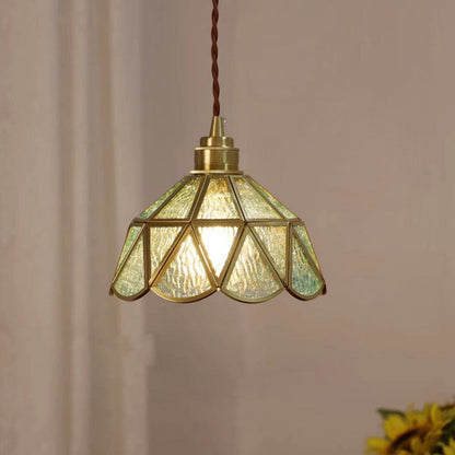 Traditional Vintage Geometric Cone Water Pattern Glass Brass 1-Light Pendant Light For Bedroom
