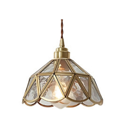 Traditional Vintage Geometric Cone Water Pattern Glass Brass 1-Light Pendant Light For Bedroom