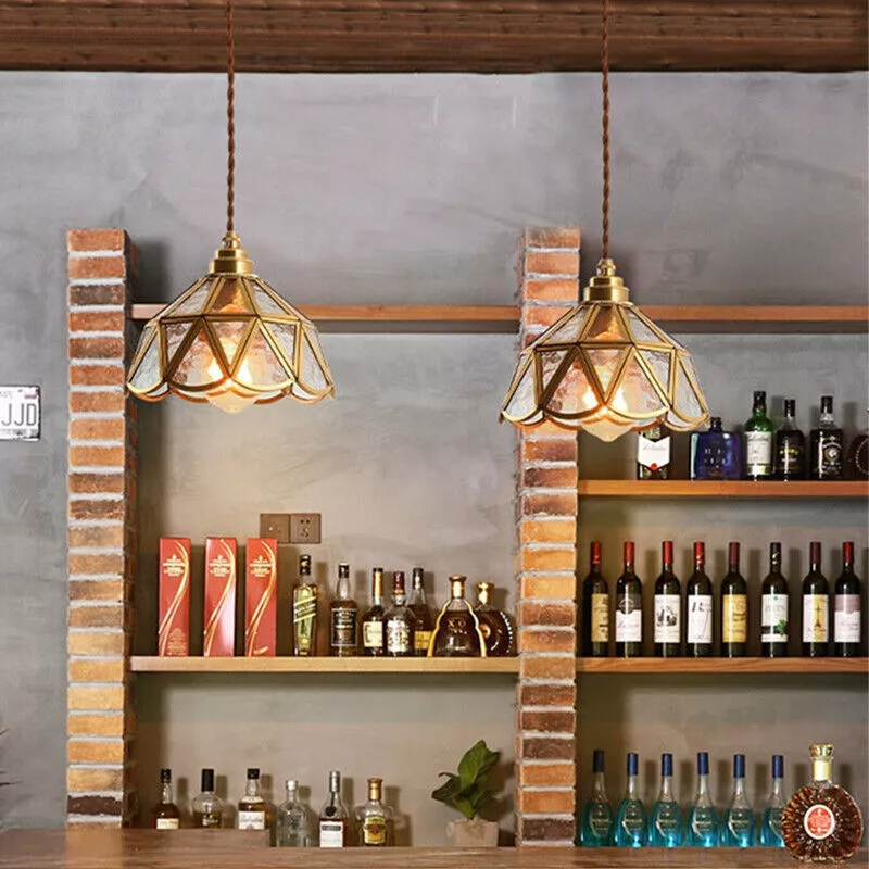 Traditional Vintage Geometric Cone Water Pattern Glass Brass 1-Light Pendant Light For Bedroom
