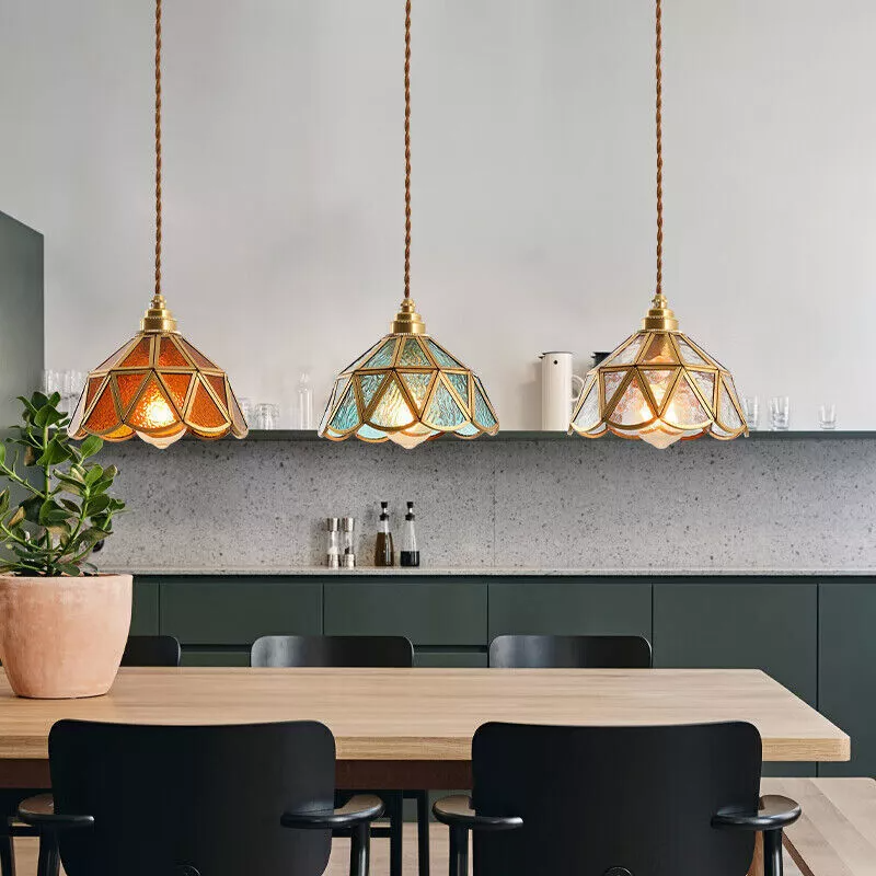 Traditional Vintage Geometric Cone Water Pattern Glass Brass 1-Light Pendant Light For Bedroom