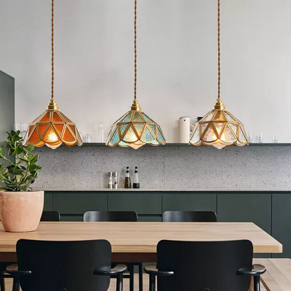 Traditional Vintage Geometric Cone Water Pattern Glass Brass 1-Light Pendant Light For Bedroom