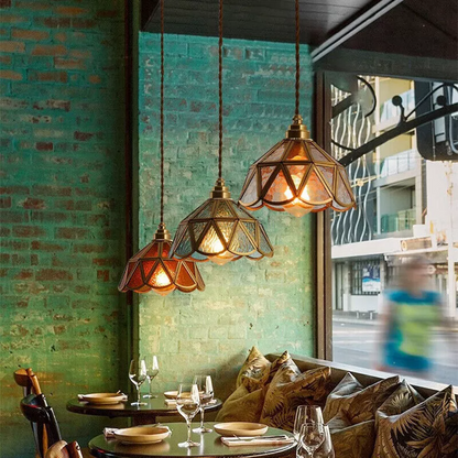 Traditional Vintage Geometric Cone Water Pattern Glass Brass 1-Light Pendant Light For Bedroom
