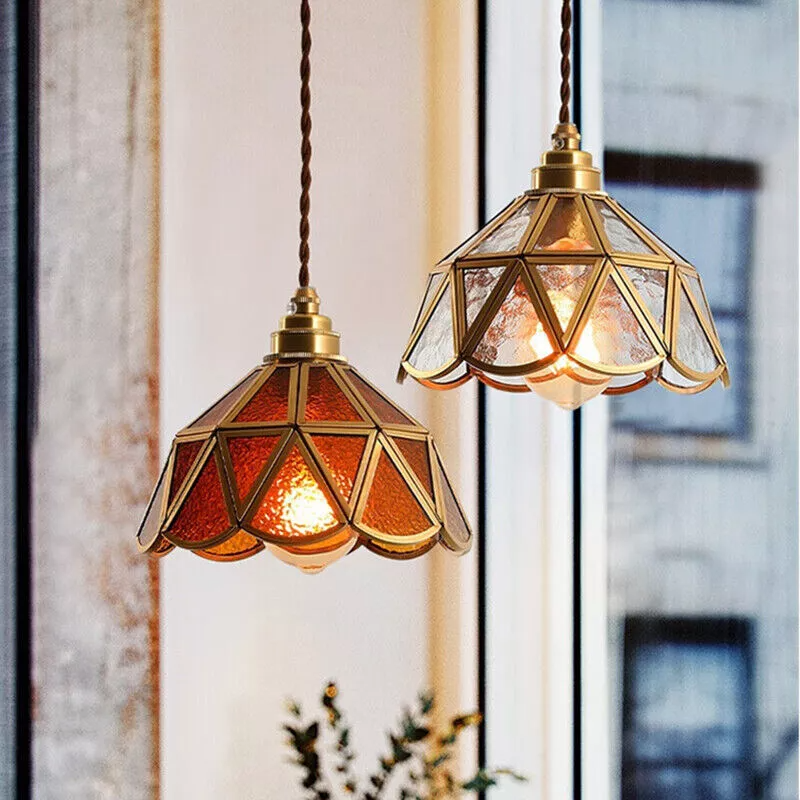 Traditional Vintage Geometric Cone Water Pattern Glass Brass 1-Light Pendant Light For Bedroom