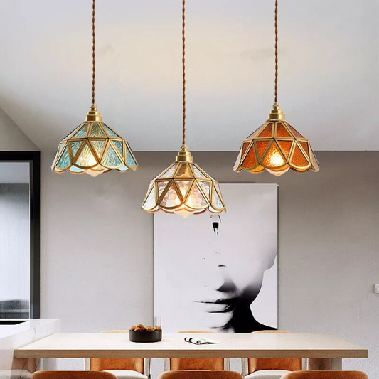Traditional Vintage Geometric Cone Water Pattern Glass Brass 1-Light Pendant Light For Bedroom
