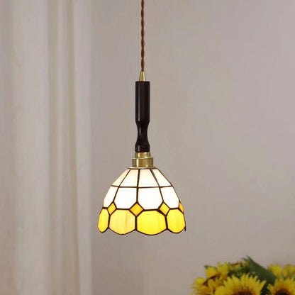 Traditional Tiffany Checkered Patchwork Stained Glass Brass 1-Light Pendant Light For Bedroom
