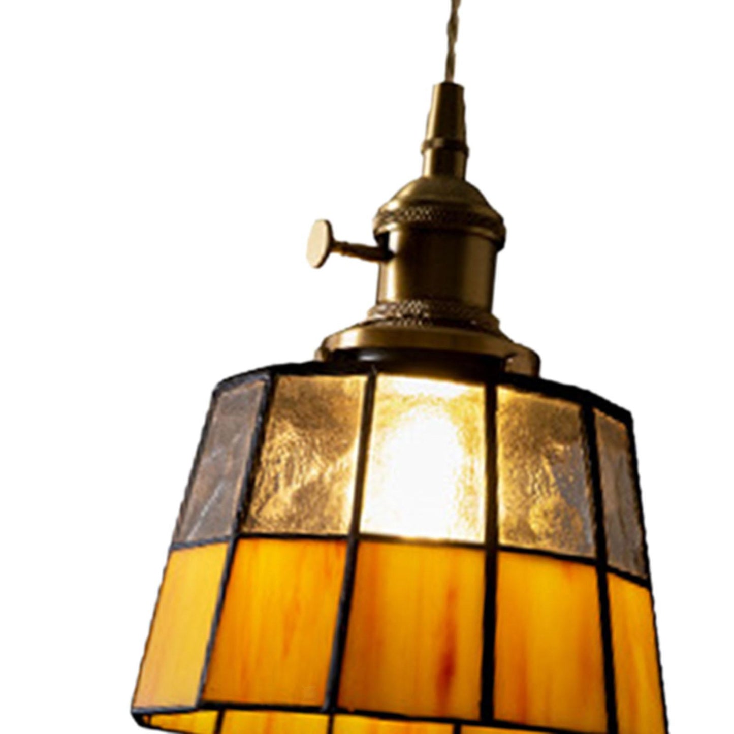Traditional Vintage Brass Checkered Patchwork Glass Round 1-Light Pendant Light For Bedroom